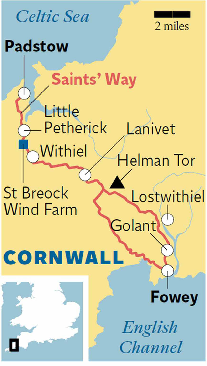 Map of the Saints' Way route from Padstow to Fowey, showing Withiel