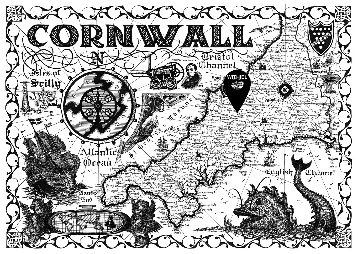 Illustrated antique-style map of Cornwall marking Withiel